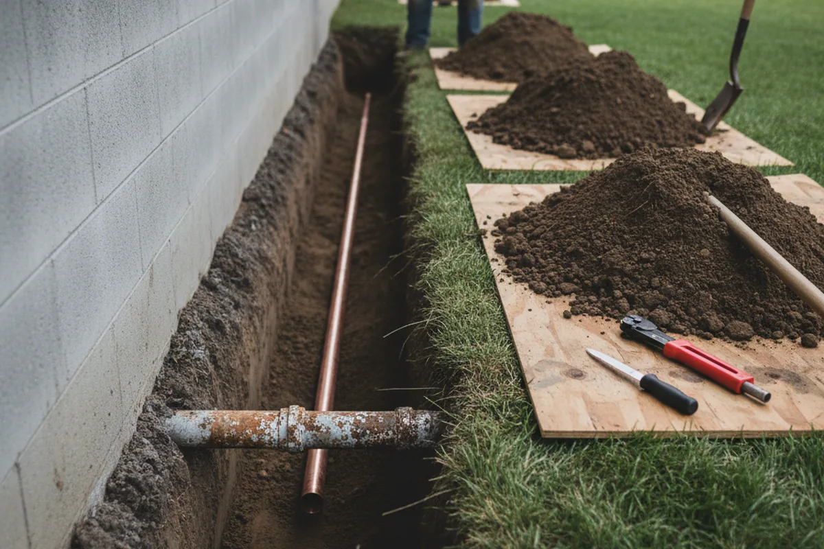 Excavated water line trench during Water Softener Installation in Bartlesville